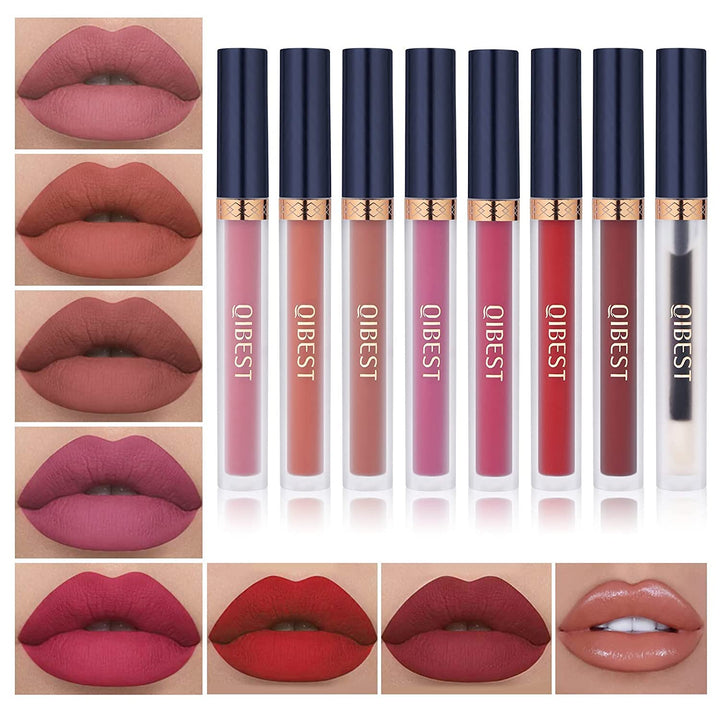 Qibest 7Pcs Matte Liquid Lipstick + 1Pcs Lip Plumper Makeup Set Kit, Pigmented Long Lasting Lip Gloss Set, Velvet Waterproof Halloween Lip Makeup Valentine'S Day Gift Sets for Girls and Women