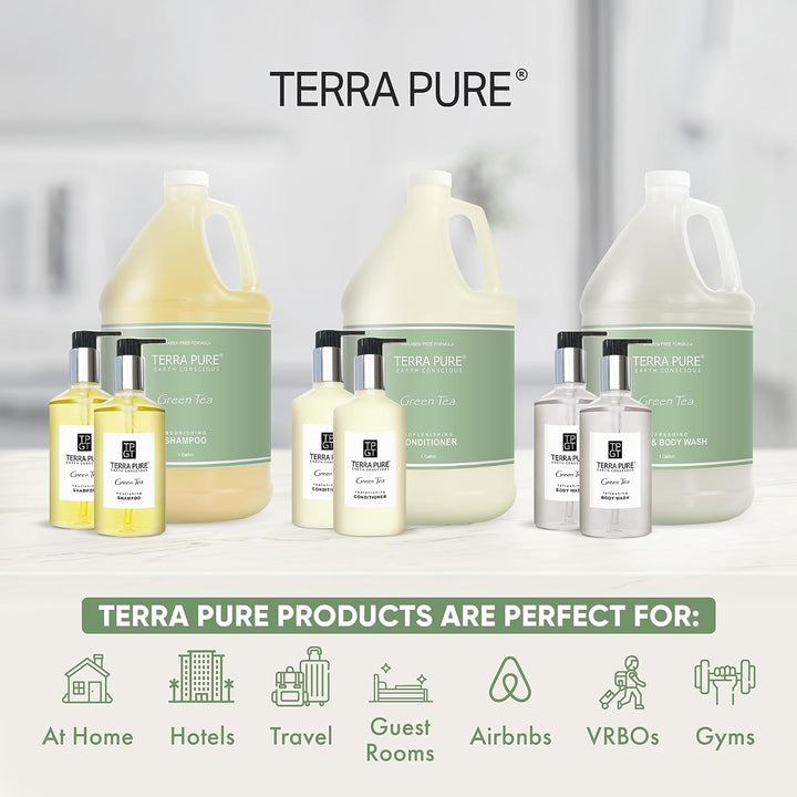 Terra Pure Gallon & Dispenser Set | 1-Shoppe All-In-Kit | Shampoo Conditioner Body Wash Gallon | Refillable 10.14 Oz. Matching Pump Bottles