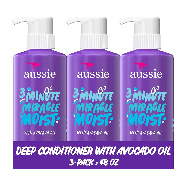 Aussie 3 Minute Miracle Moist Deep Conditioner for Dry Hair, Avocado & Jojoba Oil, Safe for Color Treated Hair, Nourishing Hydration, Silky Shine, Paraben-Free, 16 Fl Oz Each, Triple Pack