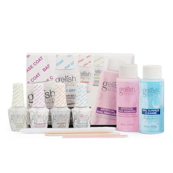 Gelish MINI Complete Basix Gel Nail Polish Prep Essentials Starter Kit with Foundation, Ph Bond, Top It Off, Nourish, Artificial Nail Remover & Cleanser