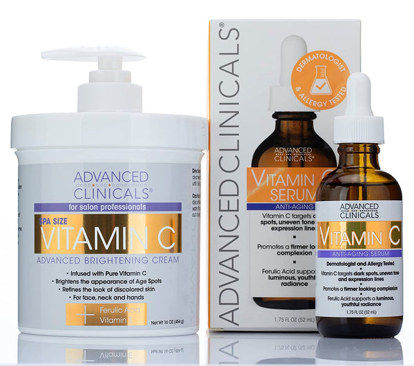 Advanced Clinicals Vitamin C Body Lotion + Potent Vitamin C Serum 2Pc Bundle | Face Serum & Body Cream Brightening Skin Care Set & Kits for Wrinkles, Dark Spots, Dry Skin, & Uneven Skin Tone, 2-Pack