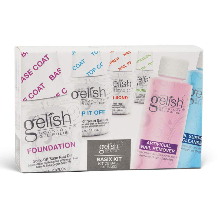 Gelish MINI Complete Basix Gel Nail Polish Prep Essentials Starter Kit with Foundation, Ph Bond, Top It Off, Nourish, Artificial Nail Remover & Cleanser