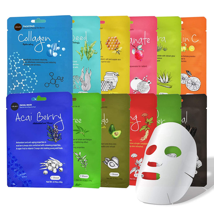 Celavi Essence Facial Sheet Face Mask Variety Set Classic Authentic Korean Moisturizing Skincare (Variation 1, 12 Count (Pack of 3))