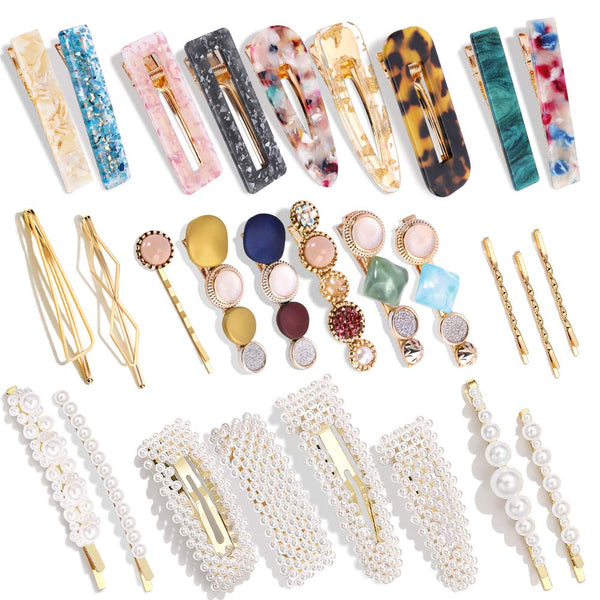 28 PCS Hingwah Pearls and Acrylic Resin Hair Clips, Handmade Hair Barrettes, Marble Alligator Bobby Pins, Glitter Crystal Geometric Hairpin, Elegant Gold Hair Accessories, Gifts for Women Girls