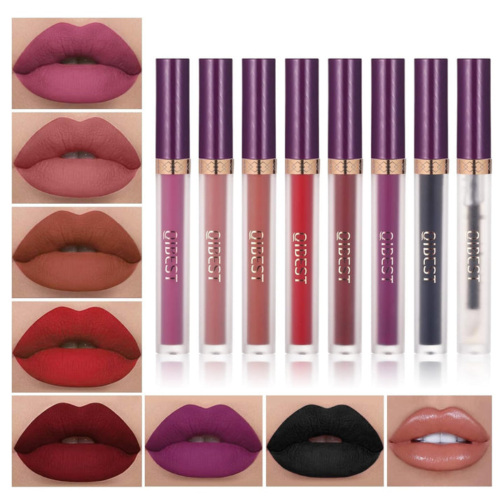 Qibest 7Pcs Matte Liquid Lipstick Wiith 1Pc Lip Plumper Makeup Set, Dark Black Purple Lipstick Goth Halloween Lip Set Waterproof Lip Gloss Kit Pigmented Long Lasting Lipstick Makeup for Women & Girls