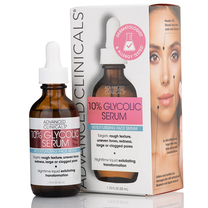 Advanced Clinicals 10% Glycolic Acid Peel Serum + Salicylic Acid Skin Care Treatment for Face. Gentle Facial Formula Targets Fine Lines, Large Pores, & Age Spots. 1.75 FL Oz