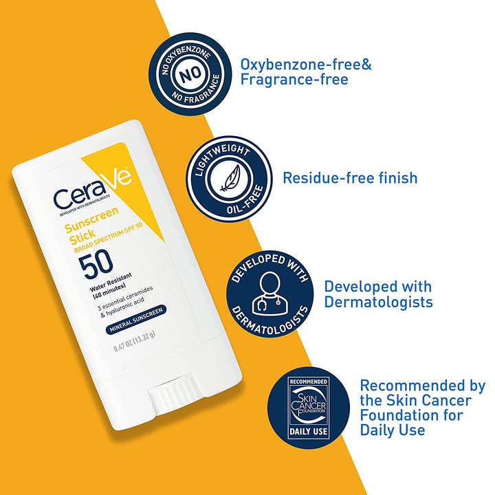 Cerave Mineral Sunscreen Stick SPF 50 | Broad Spectrum SPF + Hyaluronic Acid + Ceramides | Titanium Dioxide & Zinc Oxide Sunscreen | 100% Mineral Face Sunscreen Stick | Fragrance Free & Oil Free