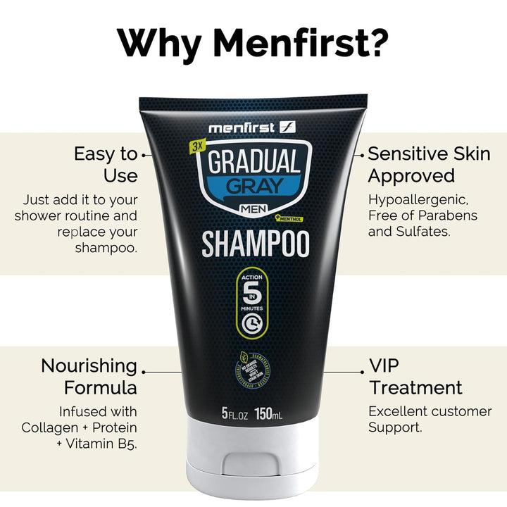 MENFIRST Gradual Gray Shampoo - Gray Hair Darkening Shampoo, Reverse Gray Hair Shampoo - Hypoallergenic & Harsh Chemical-Free, Gray Reducing Shampoo for Men - for Dark Shades - 5 Fl Oz (Pack of 3)