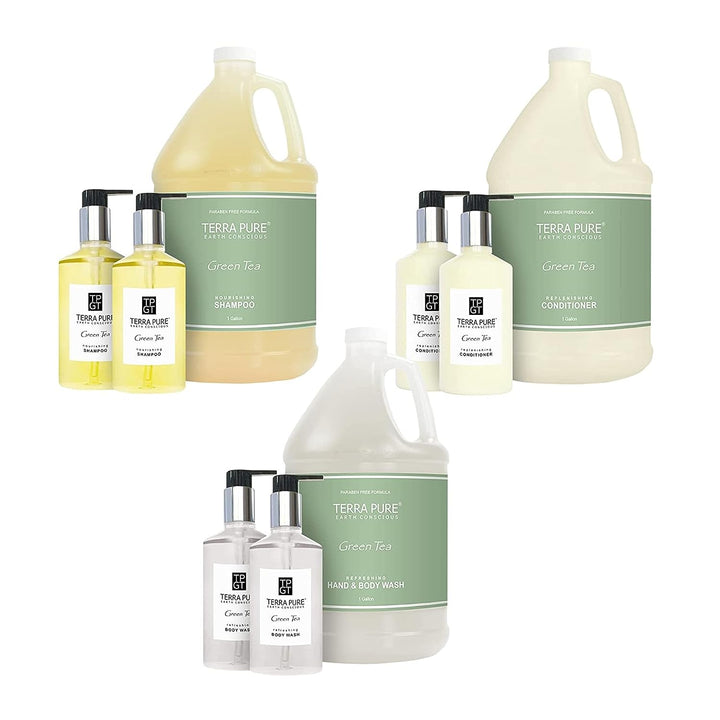 Terra Pure Gallon & Dispenser Set | 1-Shoppe All-In-Kit | Shampoo Conditioner Body Wash Gallon | Refillable 10.14 Oz. Matching Pump Bottles