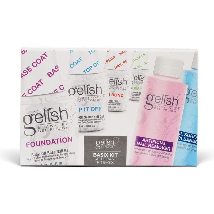 Gelish MINI Complete Basix Gel Nail Polish Prep Essentials Starter Kit with Foundation, Ph Bond, Top It Off, Nourish, Artificial Nail Remover & Cleanser