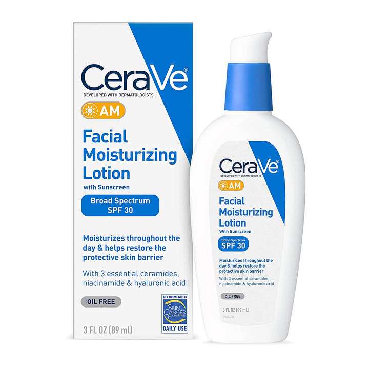 Cerave AM Facial Moisturizing Lotion with SPF 30 | Oil-Free Face Moisturizer with SPF | Formulated with Hyaluronic Acid, Niacinamide & Ceramides | Non-Comedogenic | Broad Spectrum Sunscreen | 3 Ounce