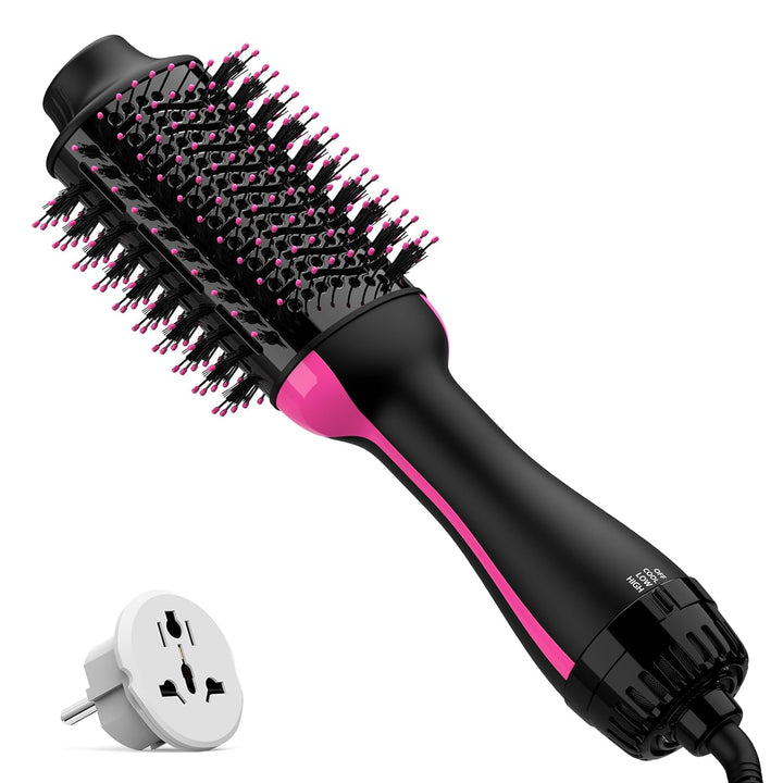 Dual Voltage Hair Dryer Brush with Negative Ion Anti-Frizz Styler - Hot Air Volumizer for 110V-120V/220V-240V European and Travel Use