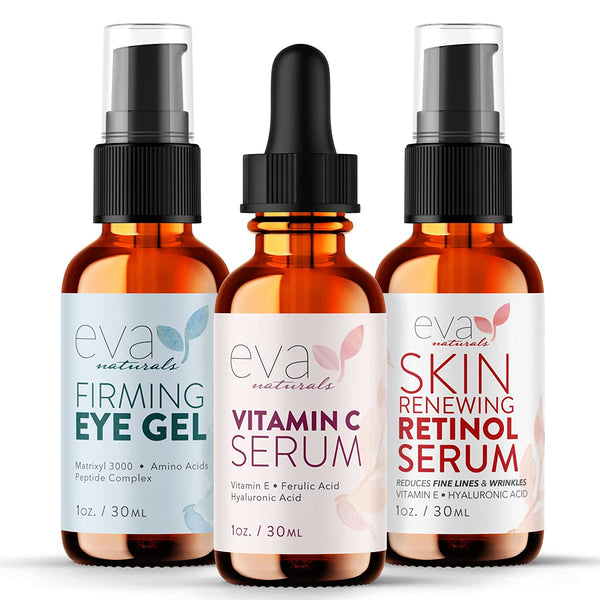 Eva Naturals Facelift in a Bottle - 3-In-1 Anti-Aging Set with Retinol Serum, Vitamin C Serum and Eye Gel - Formulated to Reduce Wrinkles, Fade Dark Spots and Treat Under-Eye Bags - Premium Quality