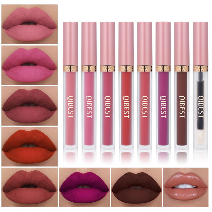 Qibest 7Pcs Matte Liquid Lipstick and 1Pcs Lip Plumper Makeup Set, Pigmented Waterproof Halloween Lip Make up Valentine'S Day Gift Lip Gloss Sets Long Wearing Velvet Lip Kit for Teens & Women