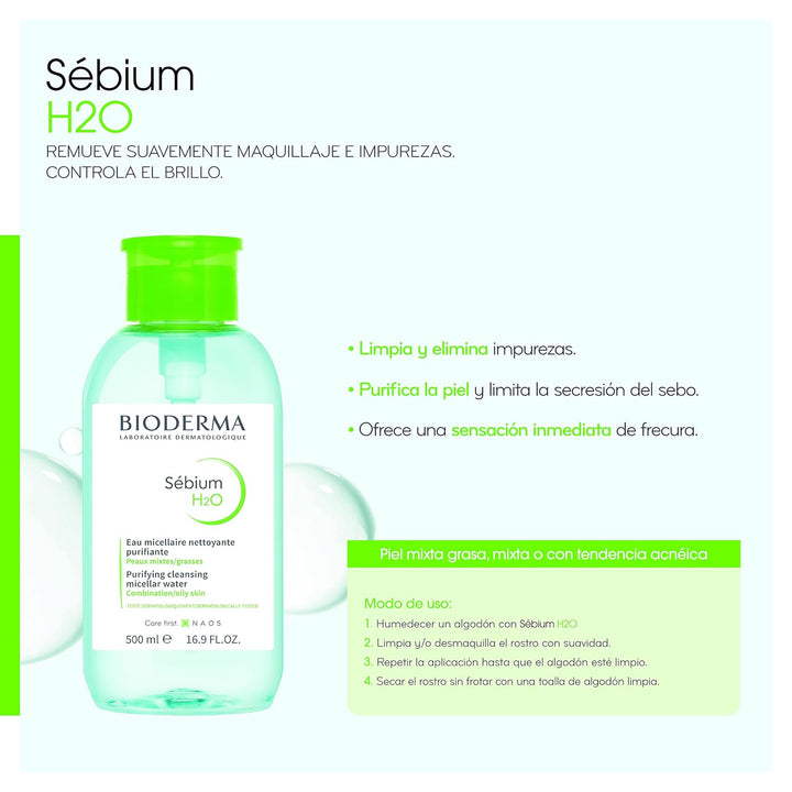 Bioderma - Sébium H2O - Micellar Water - Facial Cleanser and Makeup Remover - Face Cleanser for Combination to Oily Skin